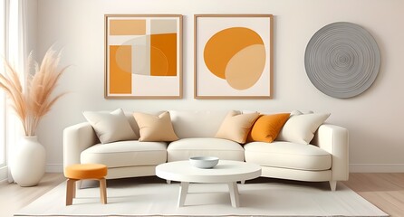 Beige loveseat sofa with yellow and terra cotta cushions. Japanese style interior design of modern living room. Created with generative AI