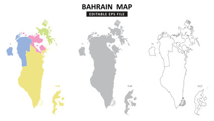 Bahrain map variations are colour coded by regions, solid grey silhouette and outlined with regional borders.