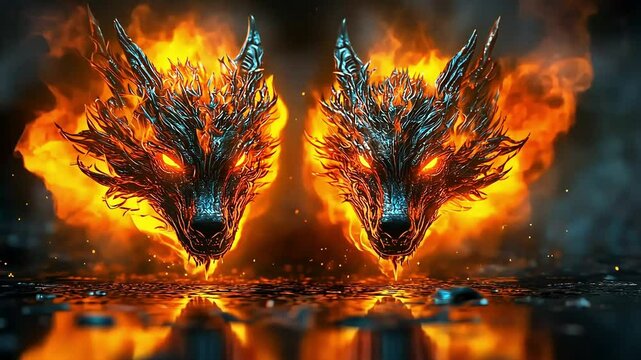 Fiery Metal Wolf Heads in Flames
