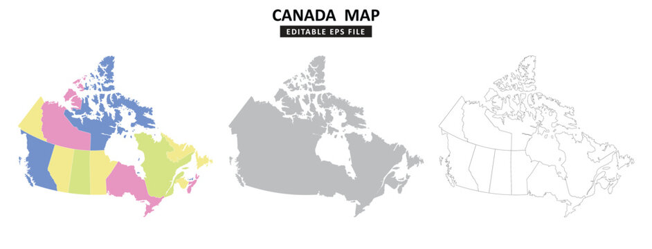 Canada map variations are colour coded by regions, solid grey silhouette and outlined with regional borders.