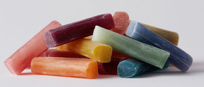 Colorful crayons made from recycled candle wax stacked together
