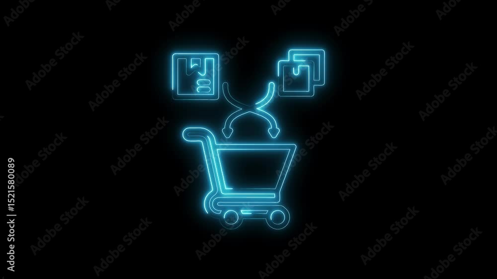 Poster glowing neon shopping cart with package box and file symbol on dark background