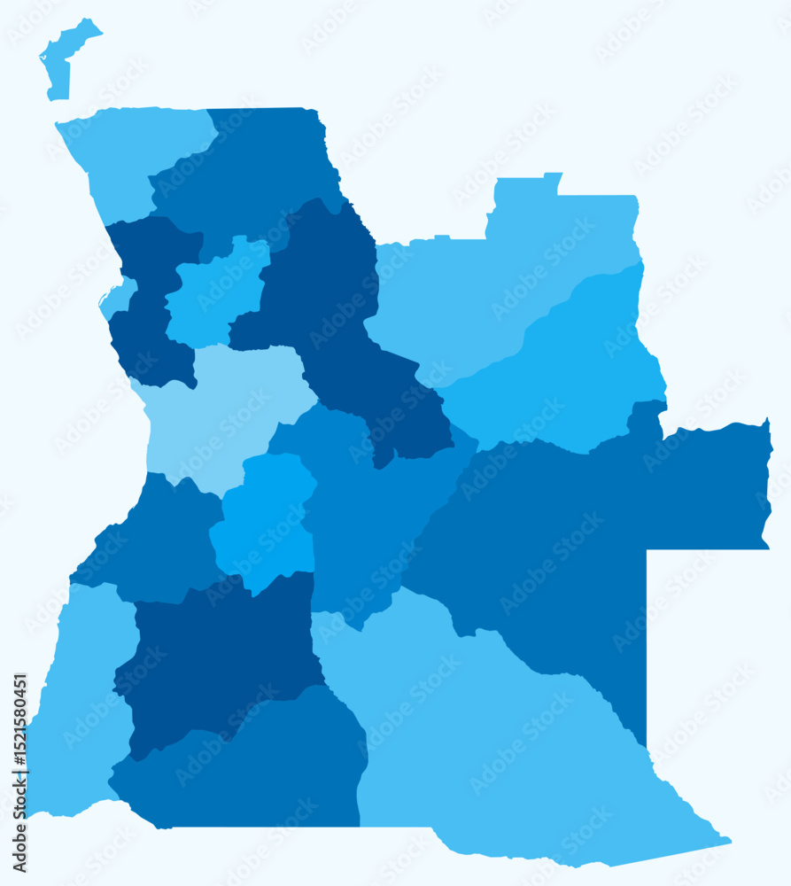 Poster map of angola with regions. just a simple country border map with region division. light blue color 