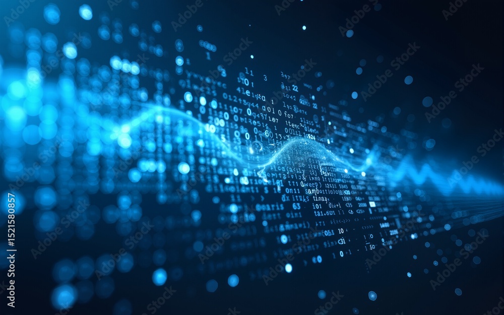 Wall mural futuristic digital scene with binary code streaming at high speed, radiating blue light and dynamic 