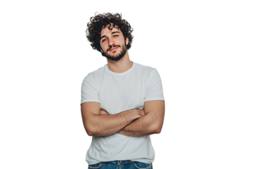 Confident young man with curly hair, arms crossed.