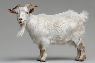 Fototapeta premium Elegant White Goat Standing in Profile on Grey Studio Background – Fluffy Beard and Curved Horns