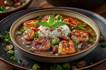Close-up of gumbo, featuring shrimp, sausage, okra, white rice. Concept of gumbo emphasizes Louisiana sausage seafood stew delights and warmth.