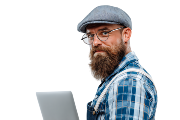 Hipster farmer with laptop