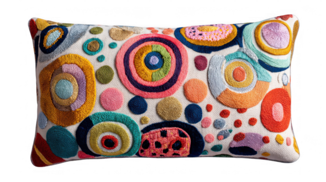 Decorative cushion embroidered with whimsical colorful circles adds a touch of playful sophistication to any space, showcasing intricate needlework on a transparent background