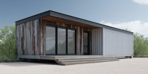 Fototapeta premium Modern tiny home made from shipping container with wood accents