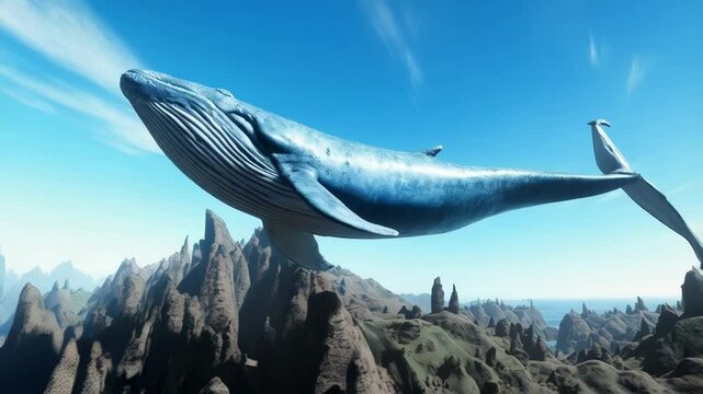  Blue Whale Flying Above a Surreal Landscape.  A surreal and imaginative image of a large blue whale seemingly flying through the sky above a rocky, otherworldly landscape. 