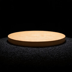 Polished Wooden Podium on Dark Sand, Elegant Presentation Stand, Natural Wood Grain, Studio Shot