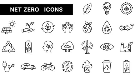 Net Zero Outline Icons Set Featuring Sustainability, Renewable Energy, Eco Transport, and Climate Action Symbols