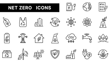 Net Zero and Sustainability Outline Icons Set Featuring Renewable Energy, Carbon Reduction, and Eco-Friendly Solutions