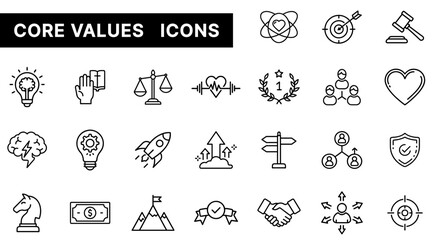Fototapeta premium Core Values Outline Icons Set Featuring Ethics, Leadership, Integrity, Innovation, and Team Spirit