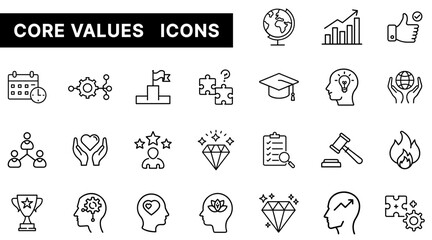 Core Values Outline Icons Set Featuring Integrity, Teamwork, Excellence, Growth, and Responsibility Symbols