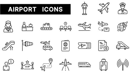 Fototapeta premium Airport Icon Set Featuring Airplanes, Passengers, Security, Terminals, and Travel Documents in Outline Style