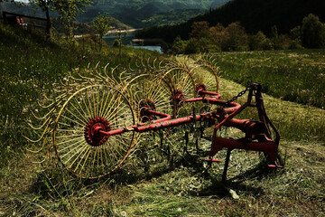 Old agricultural machine with yellow rakes in a mowed field in Tara National Park. Vintage rural...