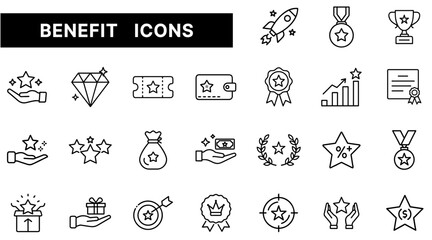 Benefit and Reward Icon Set Featuring Stars, Medals, Trophies, Gifts, and Achievement Symbols in Outline Style