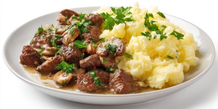 Top View Plate of Beef Stroganoff with Mashed Potatoes on White Background