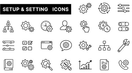 System Setup and Configuration Icon Set Featuring Gear, Tools, Network, and Security Elements in Outline Style