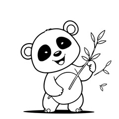 Happy Panda with Bamboo: A cute line art illustration of a cheerful panda cub holding a bamboo branch, showcasing its playful nature and simple black and white style.