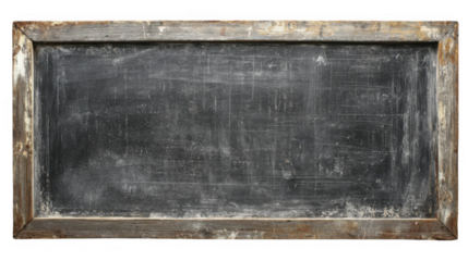 Empty, rustic chalkboard with a chipped wooden frame and traces of erased chalk is set against a transparent background, offering a versatile backdrop for educational or decorative projects