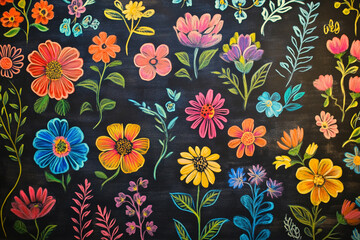 Flower shop advertisement, designed on chalkboard with bright floral patterns