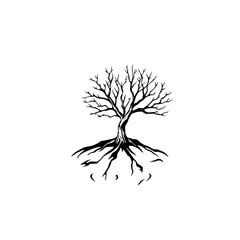 Bare Tree Roots: A stark black and white line art illustration of a leafless tree with exposed roots, showcasing its strong, grounded form against a white background.