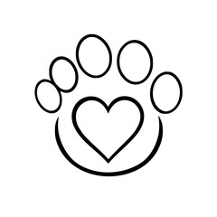 Paw Print Heart: A simple line art illustration depicts a paw print encompassing a heart, symbolizing love for pets, in a minimalist black and white style.