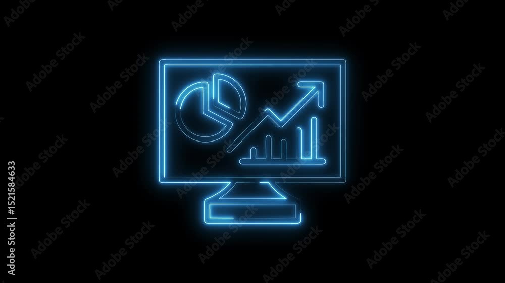 Poster neon computer screen displaying pie chart,bar graph,and rising arrow on black background