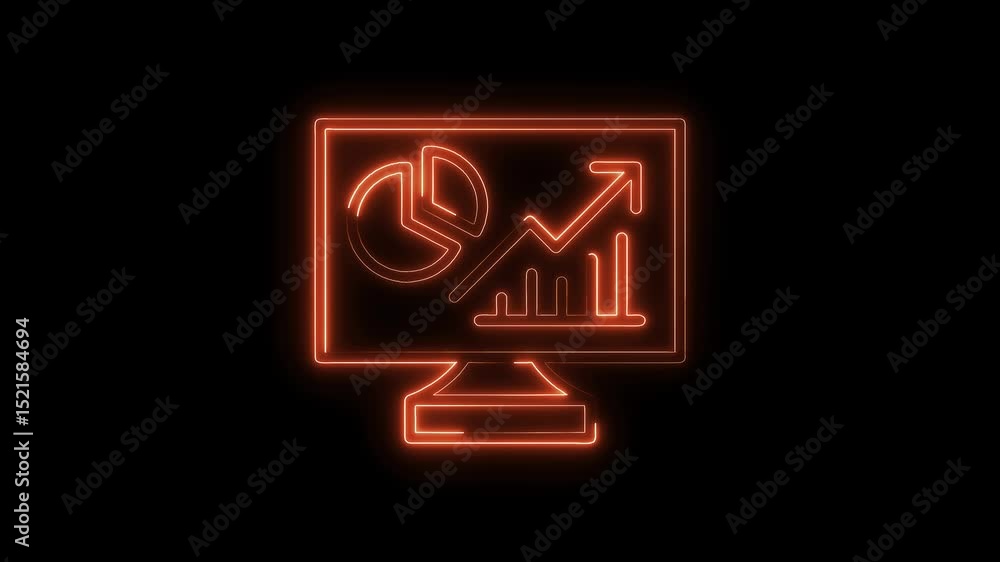 Poster neon display with chart and graph illustrating financial performance and growth on black background
