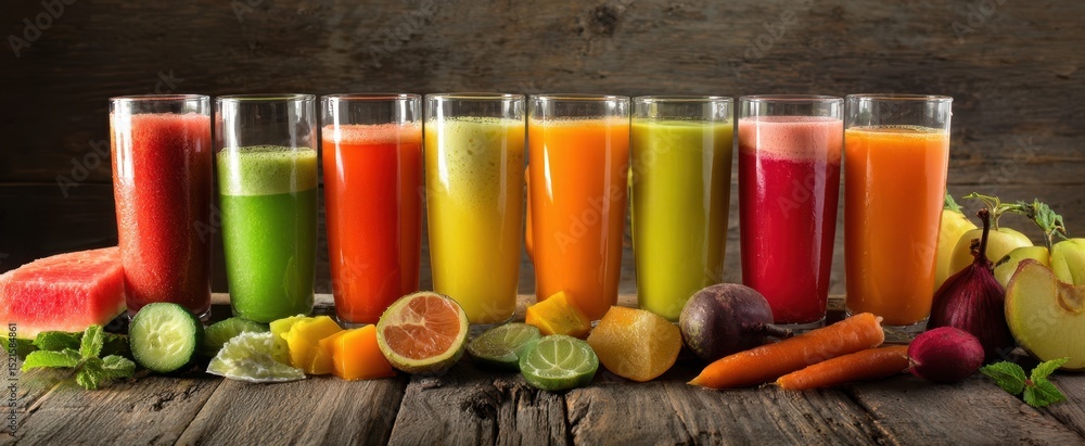 Poster the vibrant array of fresh juices and fruits on a rustic wooden table