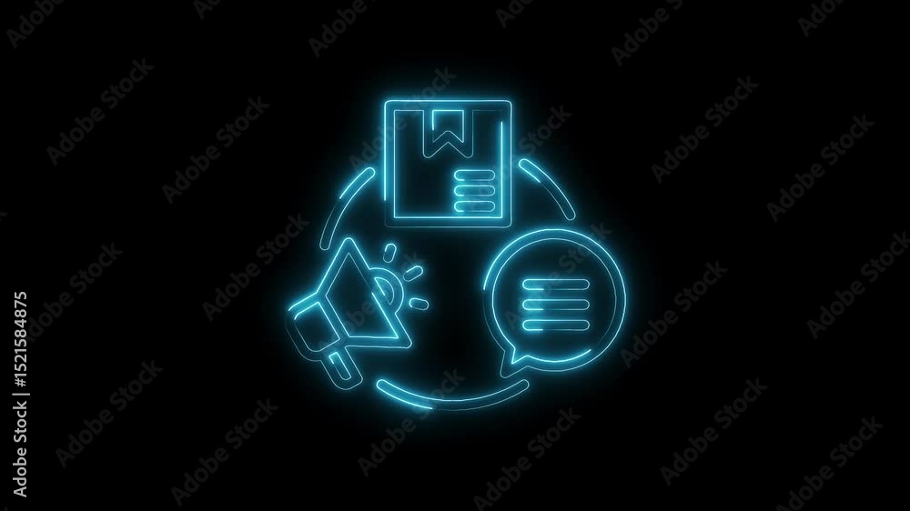 Aufkleber digital marketing strategy neon icon animation loop with megaphone package and speech bubble