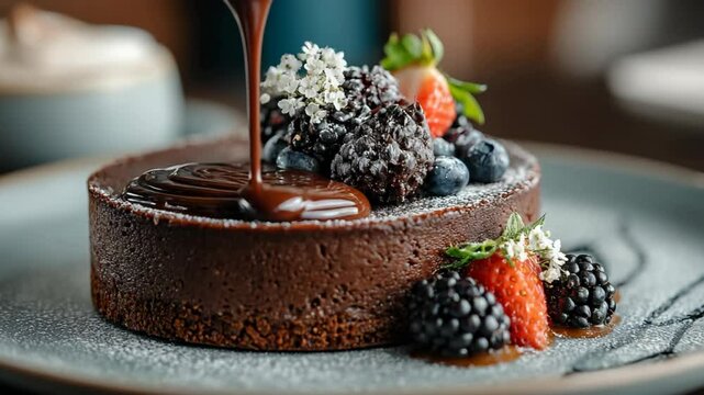 small chocolate cake top with fresh berries and flower with chocolate sauce pouring dripping down
