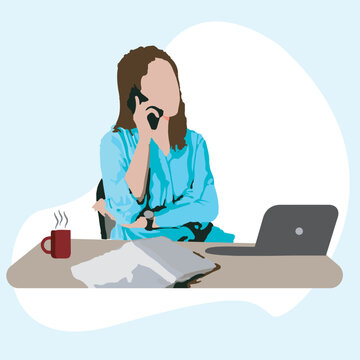 Remote Work Woman Talking on Phone While Working on Laptop. Flat Vector Illustration