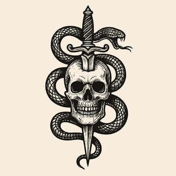 skull and crossbone Skull with Dagger and Snake Vector Illustration