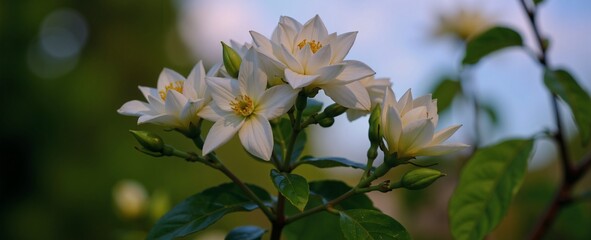 A delicate cluster of white flowers blooms against a soft, blurred background of green leaves and a serene sky, showcasing natures beauty in its purest form