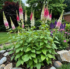 A vibrant flower bed featuring pink, white, and purple blooms, surrounded by greenery and a mix of mulch and stones, creating a colorful and inviting garden scene