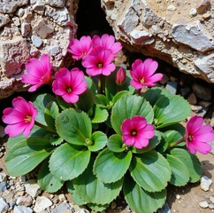 Pink flowers thrive in a rocky environment, growing near a cracked stone wall and a small hole in the ground