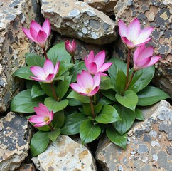 Pink flowers bloom amidst cracked stones, creating a striking contrast between natures delicate beauty and rugged terrain