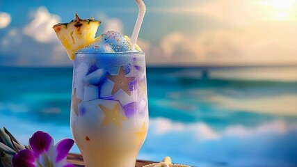 close up beautiful summer drink cocktail or mocktail with fresh pineapple and berry, beautiful sunset beach with blue ocean - Powered by Adobe