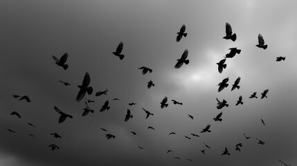 Shadowy birds swarm under storm clouds, feathers faintly glowing. A haunting omen of unseen forces gathering.
