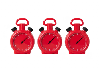 Three red stopwatches are aligned in row, each displaying similar time. vibrant red color and classic design create sense of urgency and precision