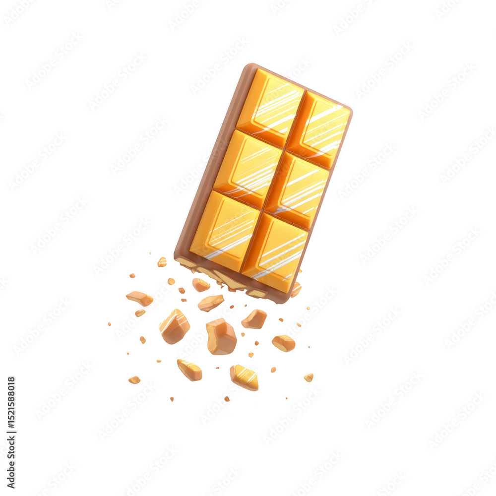 Poster golden chocolate bar with geometric patterns is surrounded by scattered crumbs, creating sense of in