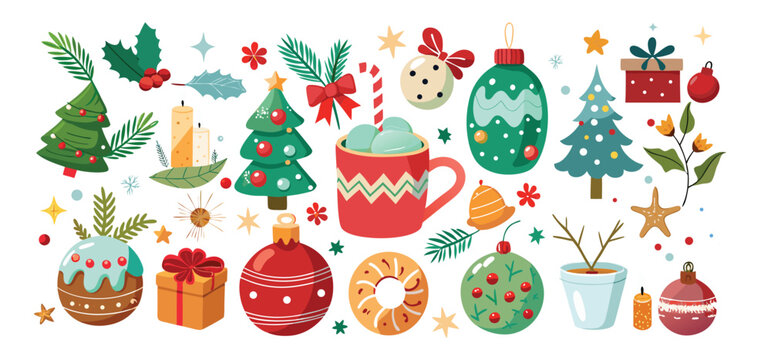 Charming collection of festive christmas decorations and holiday elements in a delightful flat vector illustration