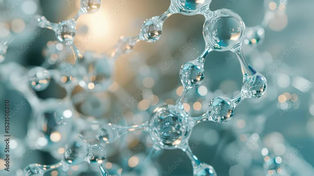 Poster detailed 3d render of transparent molecular structure with light blue hues and bokeh effect