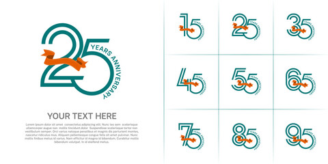 Anniversary logo type set with double line number. green color with orange ribbon can be use special moment