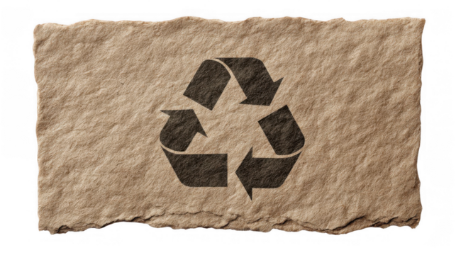 Recycling symbol imprinted on a sheet of rough recycled paper promoting environmental awareness and sustainable practices with transparent background