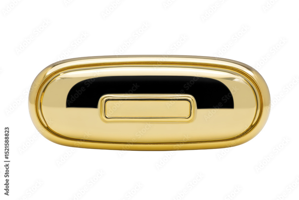 Poster sleek, shiny gold oval object with rectangular button in center, reflecting light. design is modern 